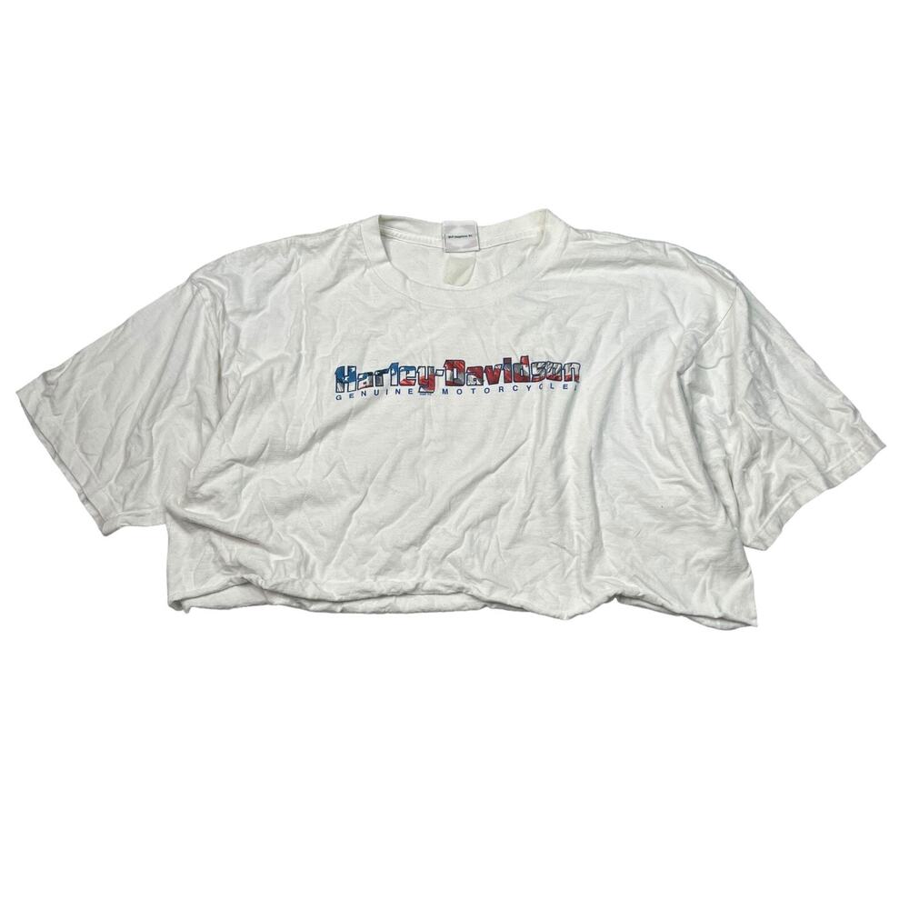 Harley Davidson 2007 Biker USA Flag Cropped Tee T-Shirt White Womens XL/XXL
